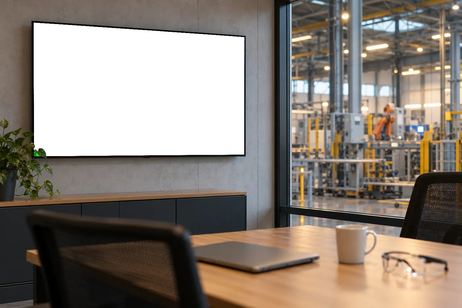 Production office with a large wall screen showing a Qualecta dashboard
